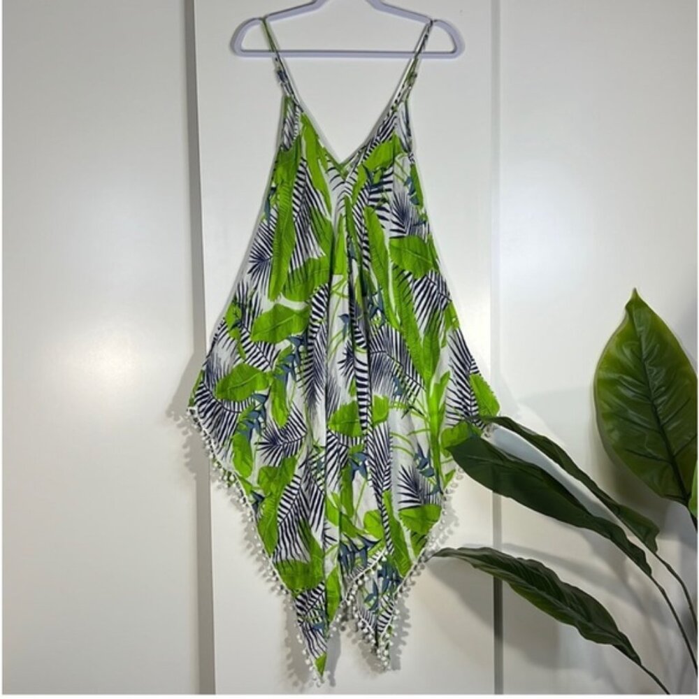 JAPNA palm leaf spaghetti strap pompom dress